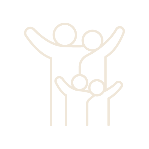 Lijntelening van vier menselijke figuren die samen een groep vormen, met armen omhoog en verbonden. Zoals een gezin of familie.