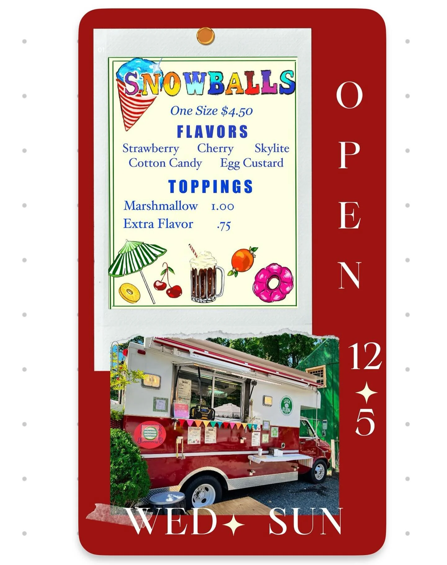Our food truck is open! 
Come grab a snowball,
We&rsquo;ll be open this July 4th from 12-3