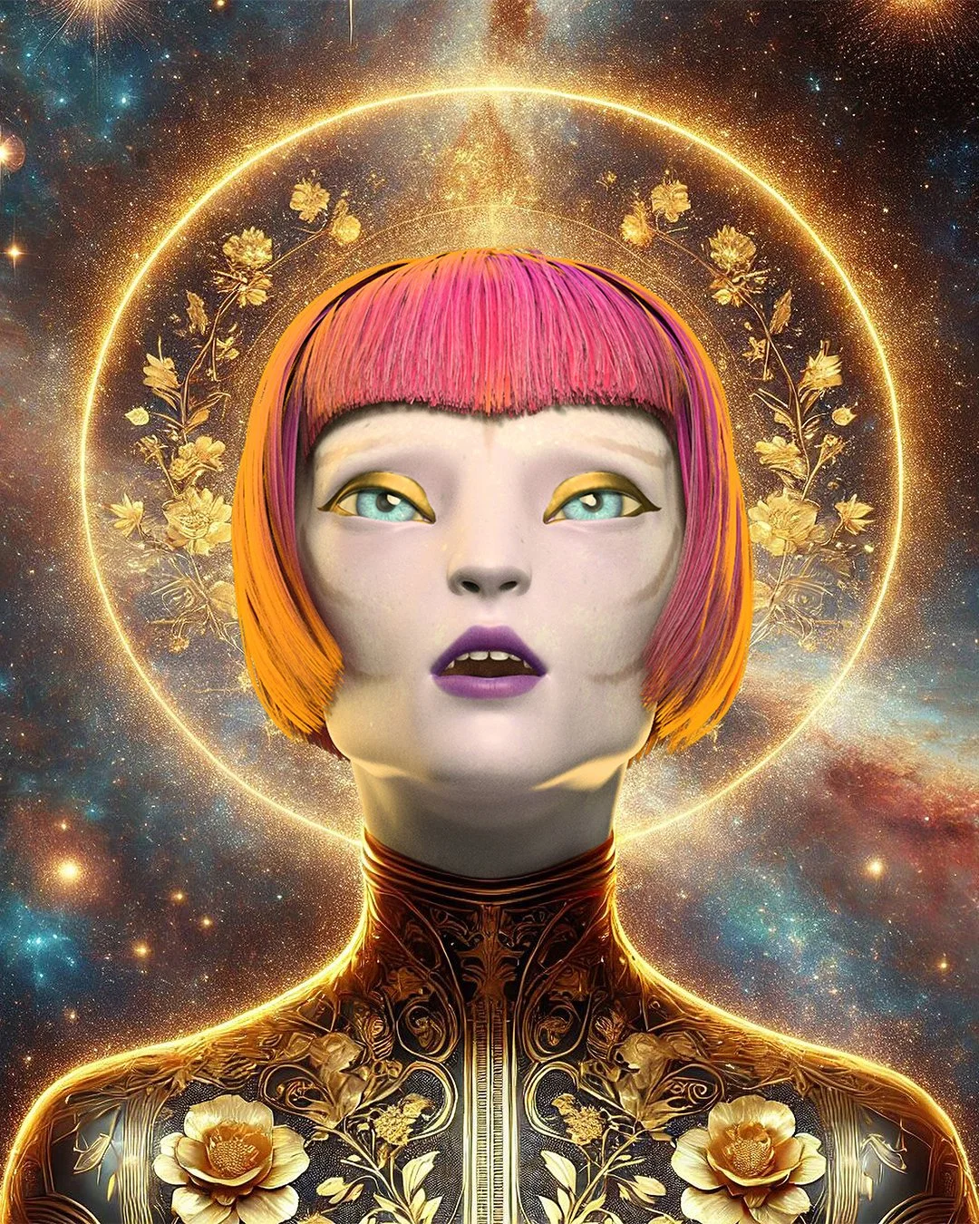 A futuristic digital artwork of a woman with short, pink and orange hair, blue eyes, and purple lipstick, set against a cosmic background with golden glowing floral and geometric patterns.