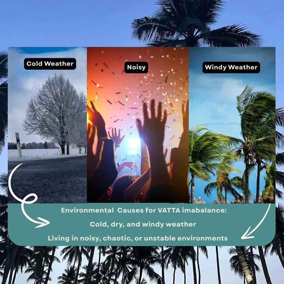 Feeling ungrounded, anxious or easily fatigued lately? 

According to Ayurveda, these can be signs of a vatta imbalance often triggered by environmental factors like cold, dry weather, loud surroundings and constant change. 

Do you notice these elem
