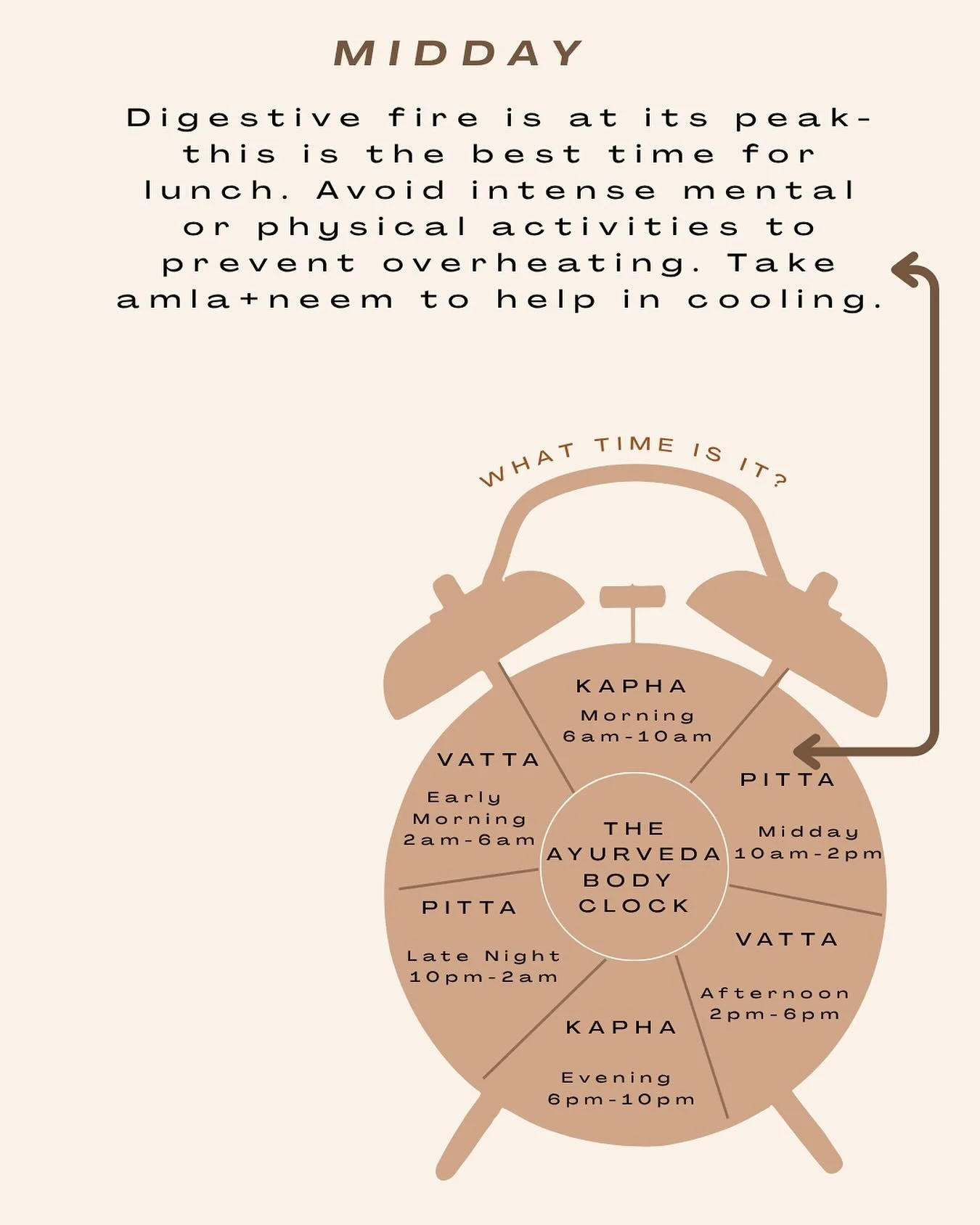 The midday hours are ruled by Pitta- when your inner fire is at its strongest. This is the ideal time to enjoy your main meal of the day as digestion is at its peak🔥