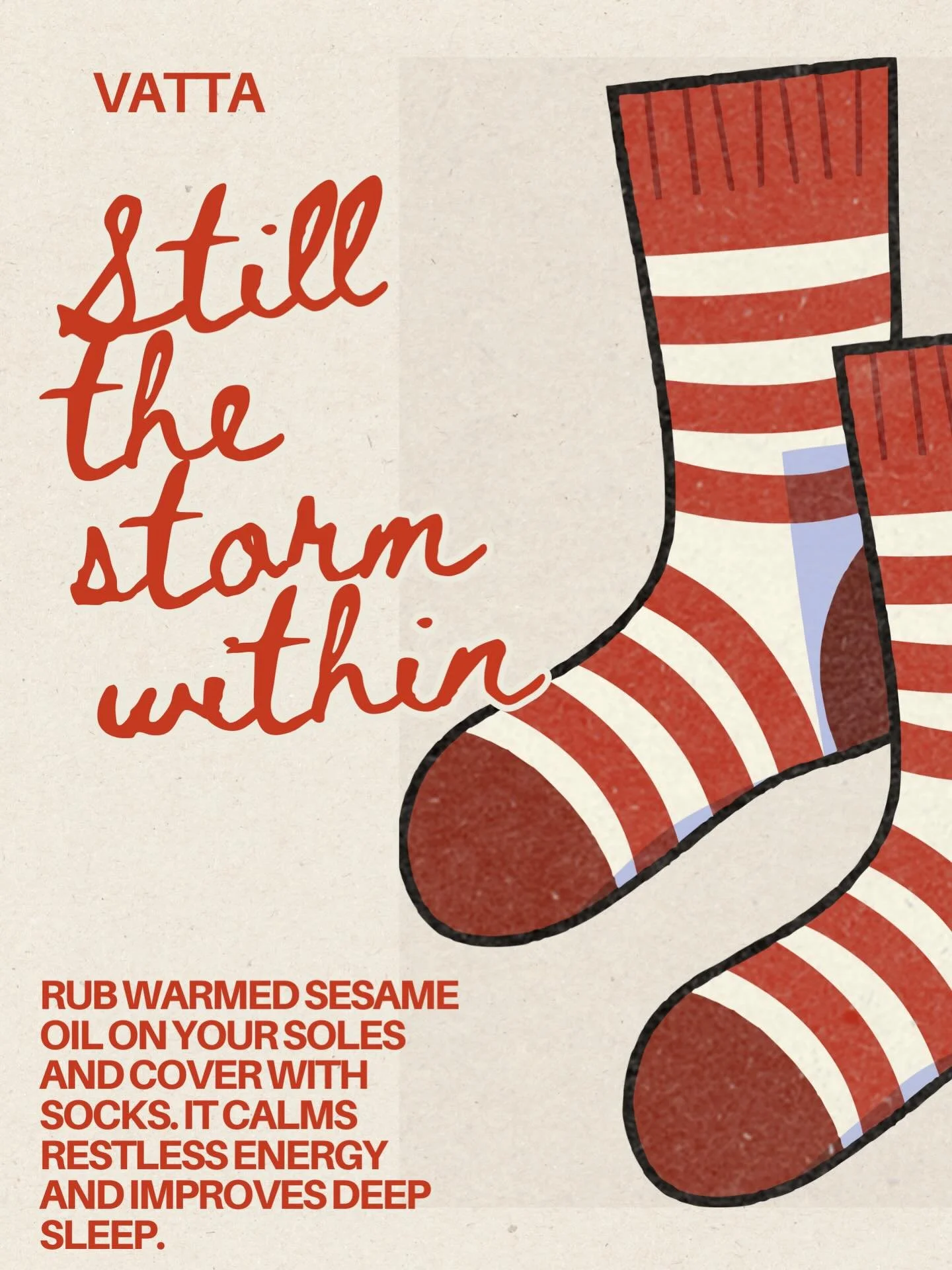 A simple nightly ritual: warm sesame oil on your soles, socks on, and let your body unwind.

Ground your Vatta energy and invite deeper sleep🧘&zwj;♀️