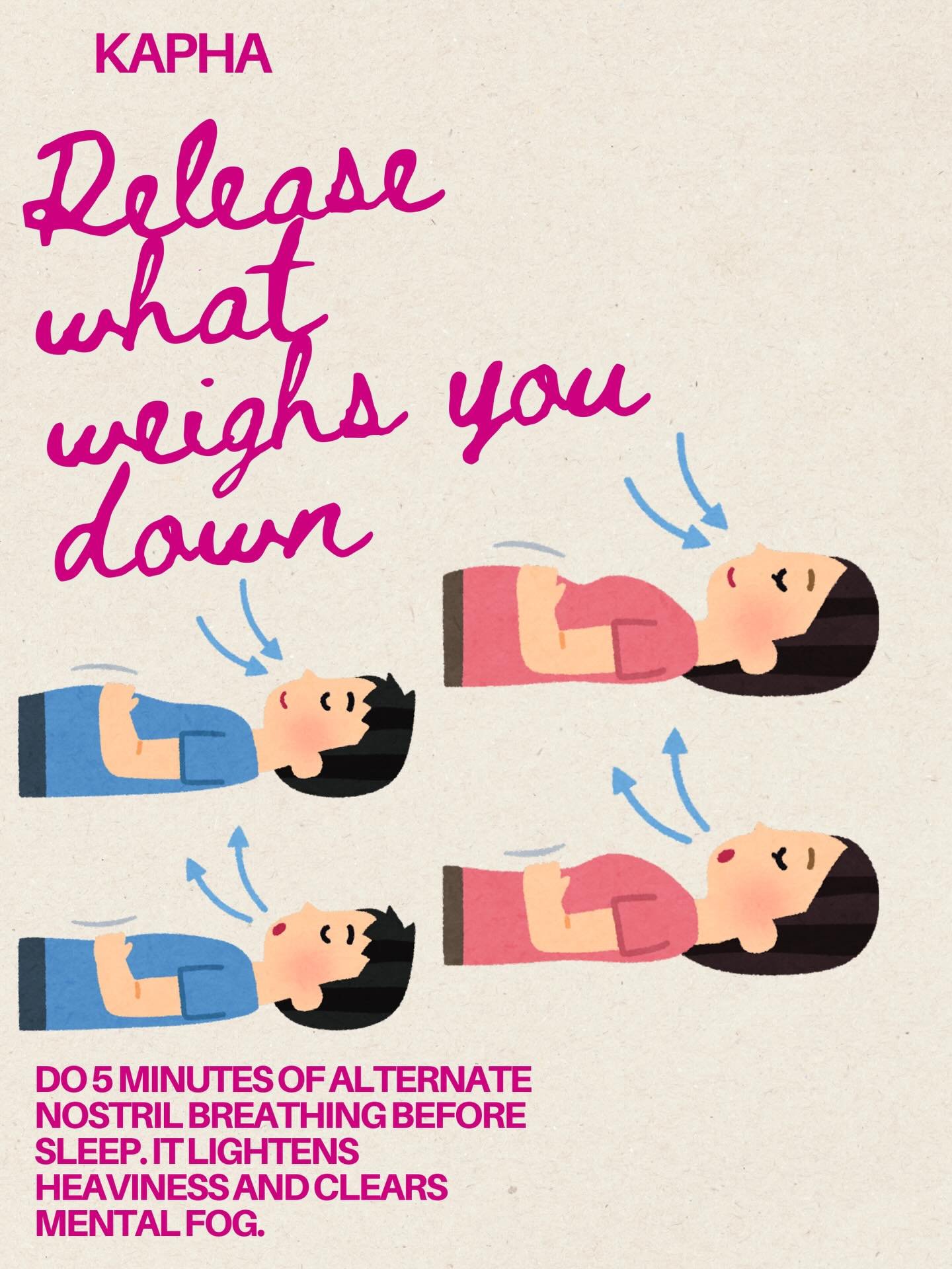 Create a light nightly ritual: Practice 5 minutes of alternate nostril breathing, allowing each steady inhale and exhale to gently awaken your inner clarity. 

Soothe your kapha energy and lift the weight of the day, clearing mental fog for a calm re