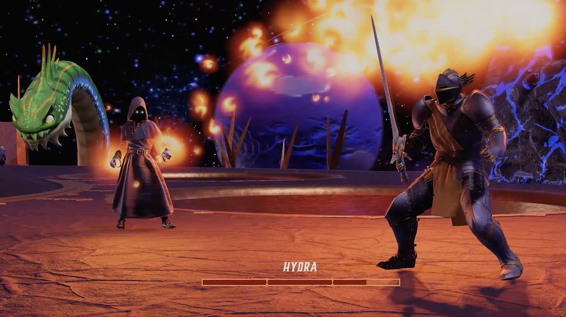 Fantasy scene with two armored warriors fighting in space, a green dragon, and a large fiery explosion in the background.