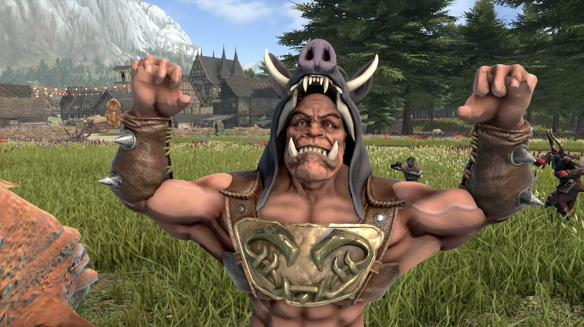 A muscular fantasy creature with a boar mask on its head, metallic tusks, and a shield-like chest piece, flexing its arms in a medieval village setting.