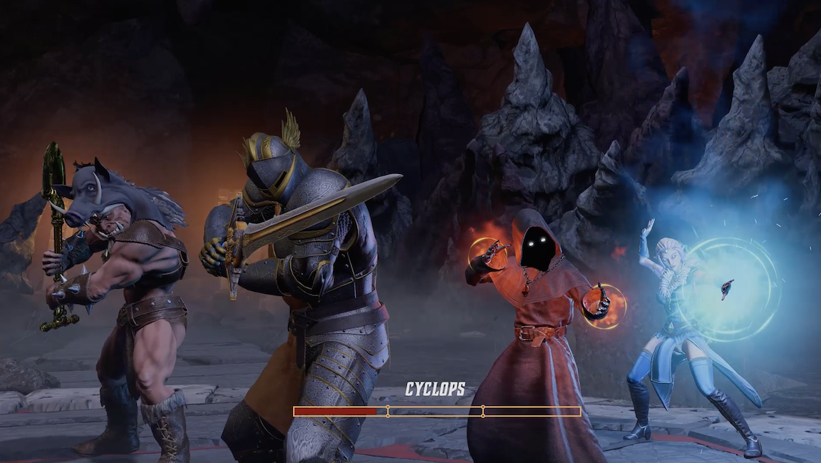 Four fantasy characters in a battle scene: a humanoid warrior with a wild boar skin, a knight with a sword, a hooded dark figure with glowing eyes, and a female mage casting a spell surrounded by blue light, set against a rocky, fiery background.
