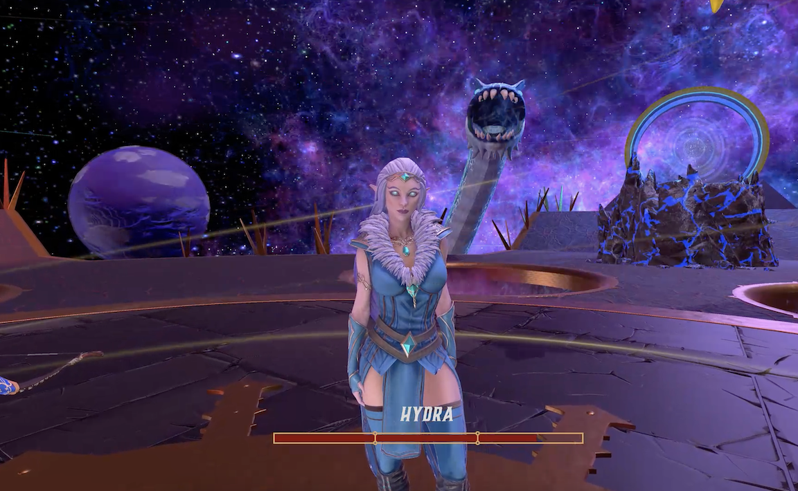 A fantasy character standing in a mystical, outer space environment with a purple nebula, planets, and starry sky in the background. A large, multi-headed dragon with sharp teeth is behind her. The scene includes glowing magical elements and a health bar at the bottom.