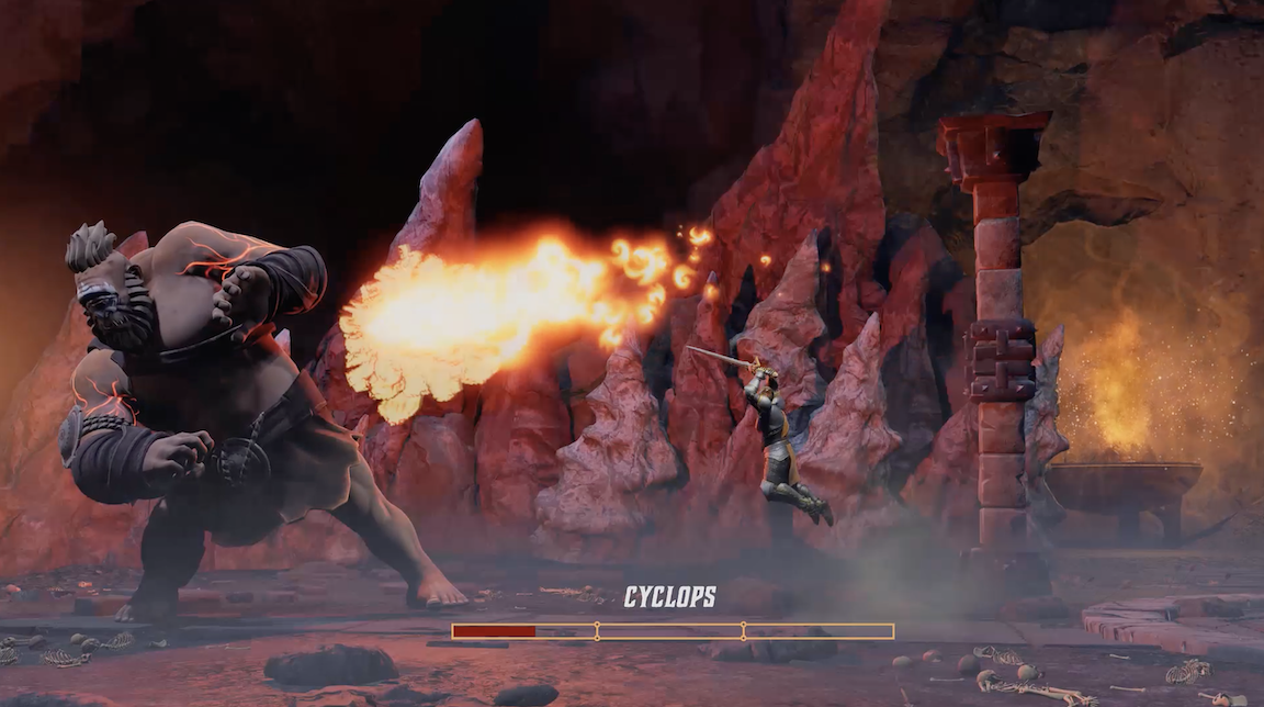Video game scene depicting a fantasy battle between a large cyclops creature breathing fire and a knight wielding a sword, set in a fiery red rocky environment with a pedestal and scattered bones on the ground.