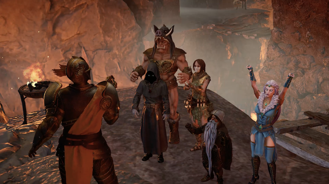 Fantasy video game scene featuring six characters amid a fiery, rocky landscape. Characters include armored warriors, a large ogre with a mask, a woman with braided hair and a mask, an old wizard with a long beard, and a woman with white hair and elaborate clothing raising her fists.