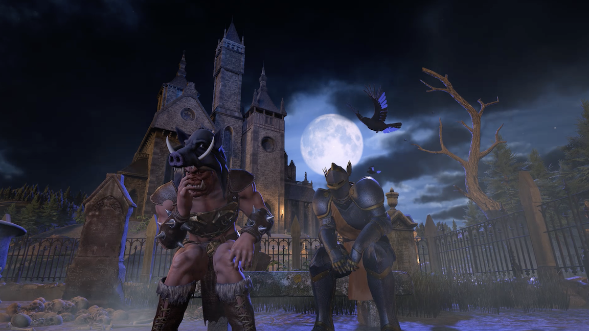 Two fantasy creatures in front of a haunted castle at night with a full moon, one wearing a boar mask and the other in armor, surrounded by leafless trees and a graveyard.
