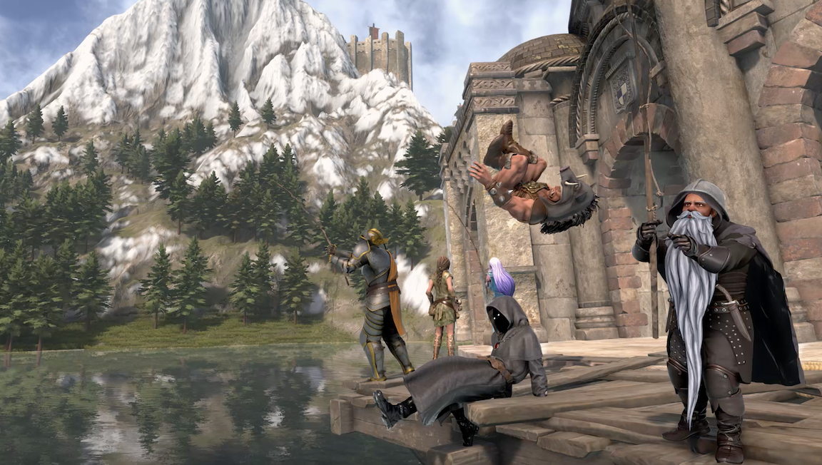 Fantasy scene with characters by a lake near a castle, mountains, and a forest. One character is on a diving above the water, another is sitting on the dock, and others are nearby.