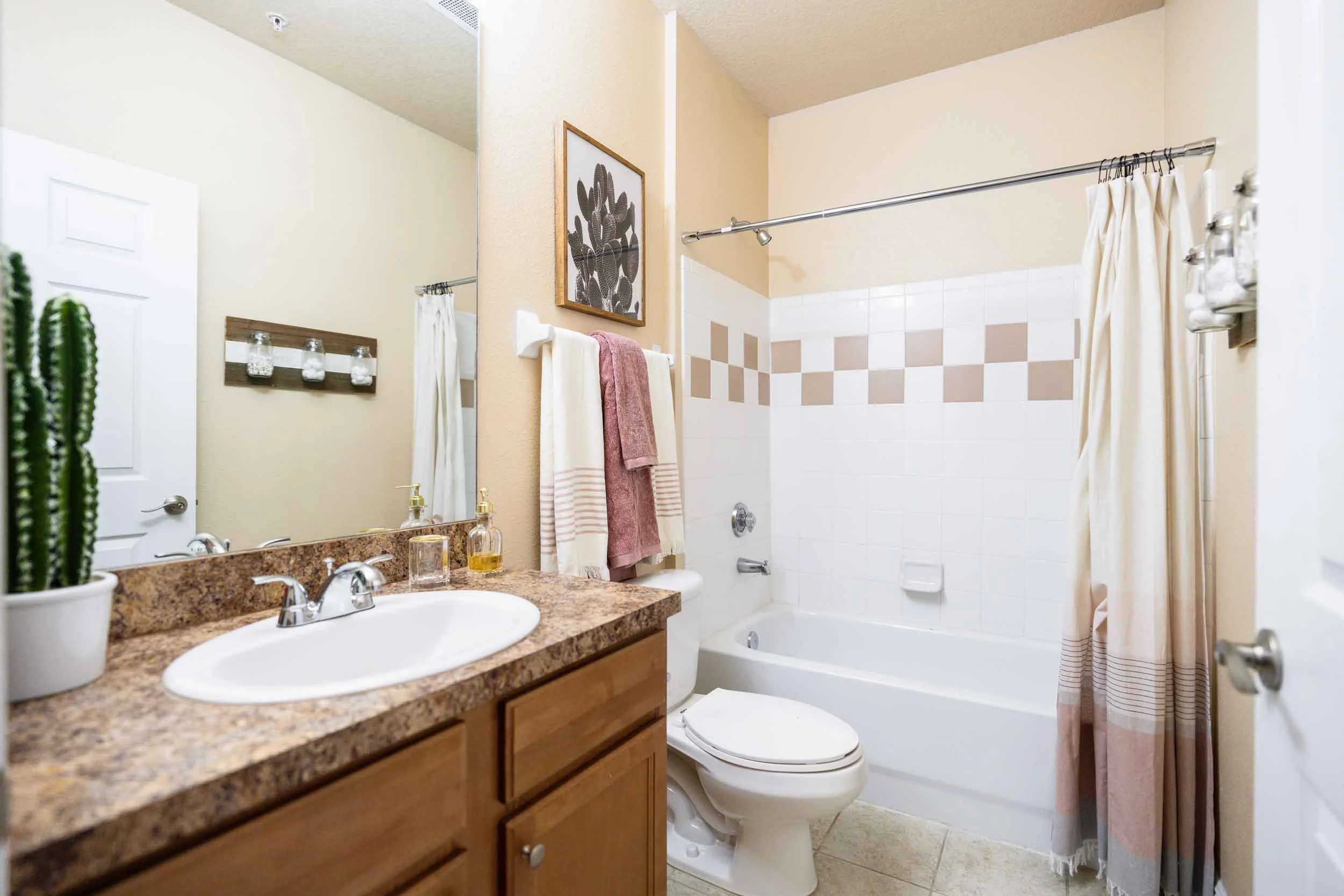 A bathroom with a beige color scheme. It has a granite countertop with a sink, a mirror above the sink, and a cactus plant on the counter. There are towels hanging on a bar, a framed artwork on the wall, and a shower with a curtain. The toilet is in 