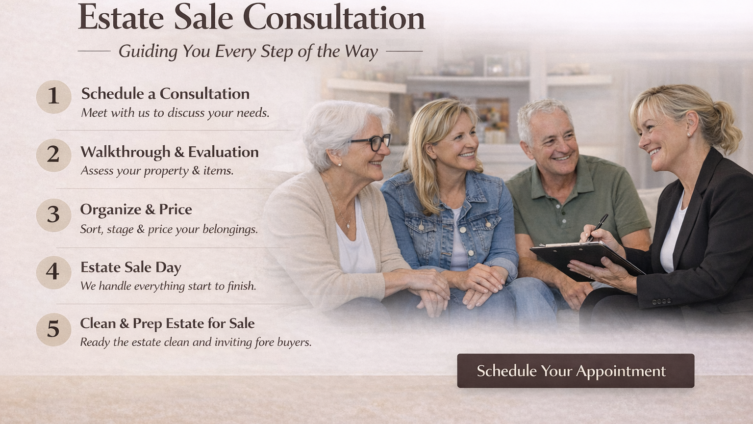 Professional estate sale consultation with a well-dressed consultant meeting clients, alongside a five-step process including consultation, evaluation, organization, pricing, and preparing the estate for sale.