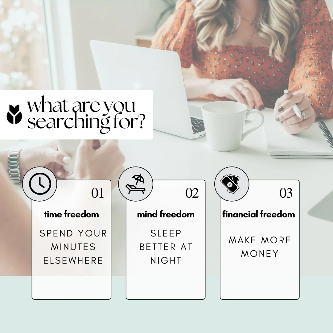 💭 Monday Thoughts 💭 

What are you searching for? 

As a business owner, you probably have at least one of these items on your wish list. 

TIME FREEDOM: Less time on mundane tasks, more time livin&rsquo;. This is about taking back your weekends. 
