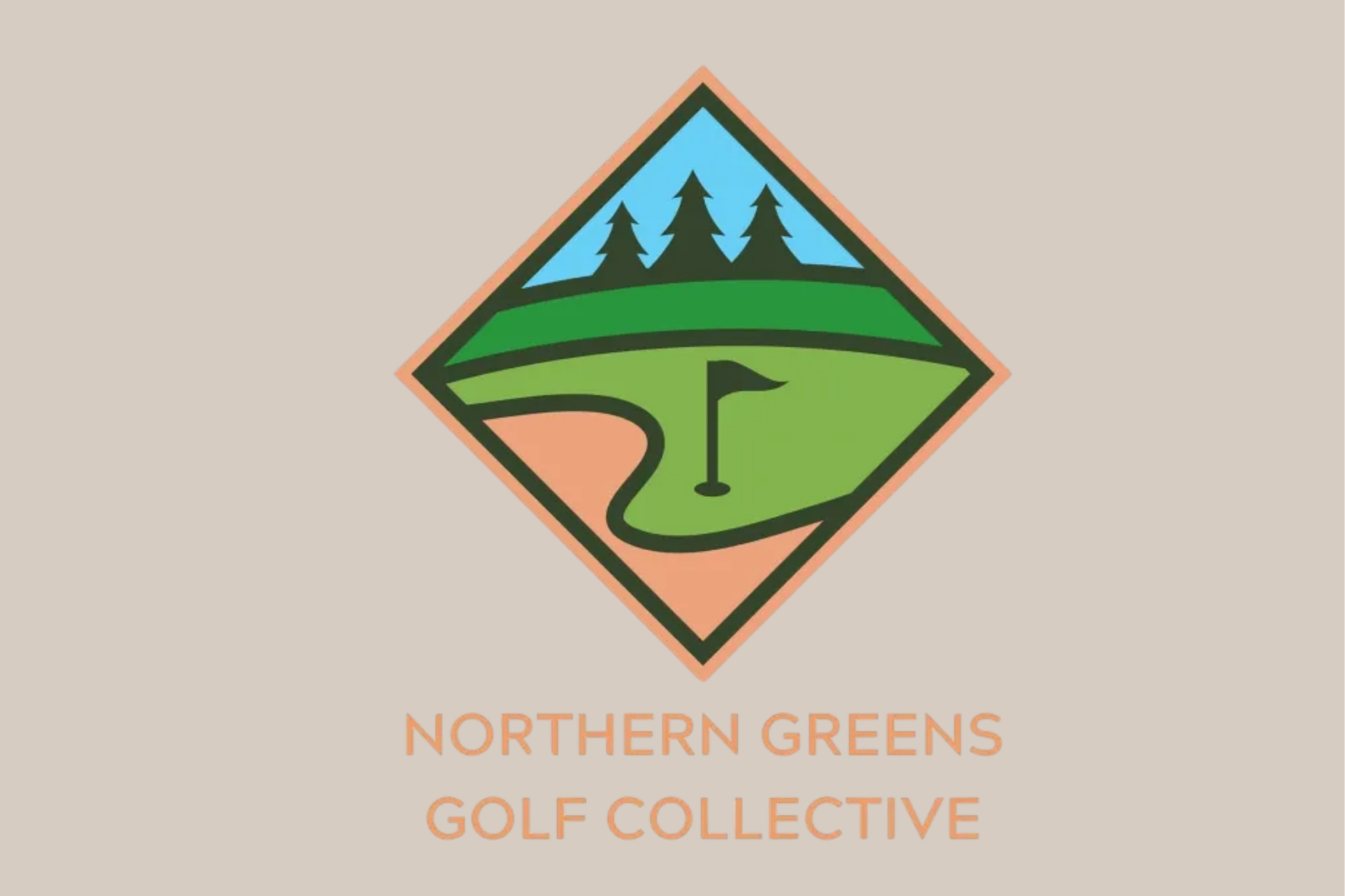 A logo for Northern Greens Golf Collective featuring a diamond shape with a golf course, flag, trees, and mountains, accompanied by the text "Northern Greens Golf Collective."
