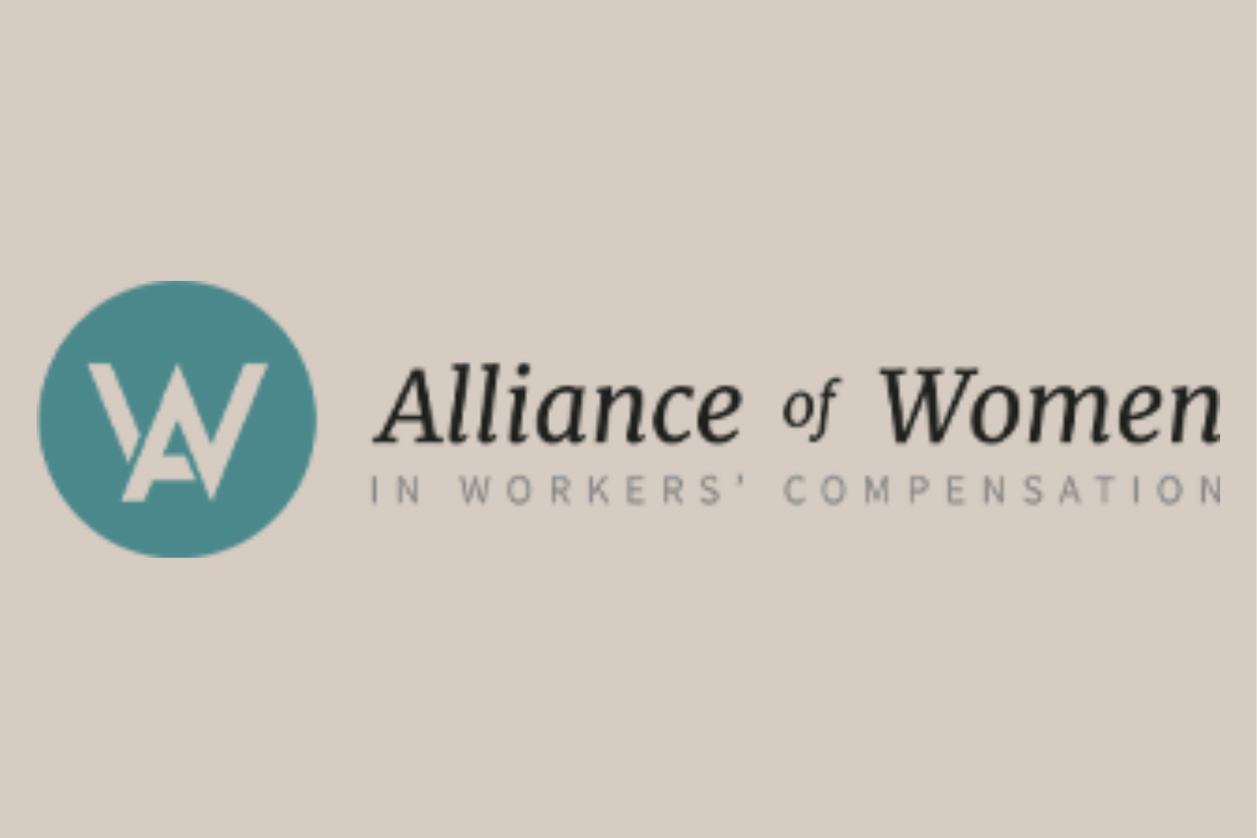 Logo of the Alliance of Women in Workers' Compensation, featuring a teal circle with white stylized initials 'AW' and black and gray text beside it.