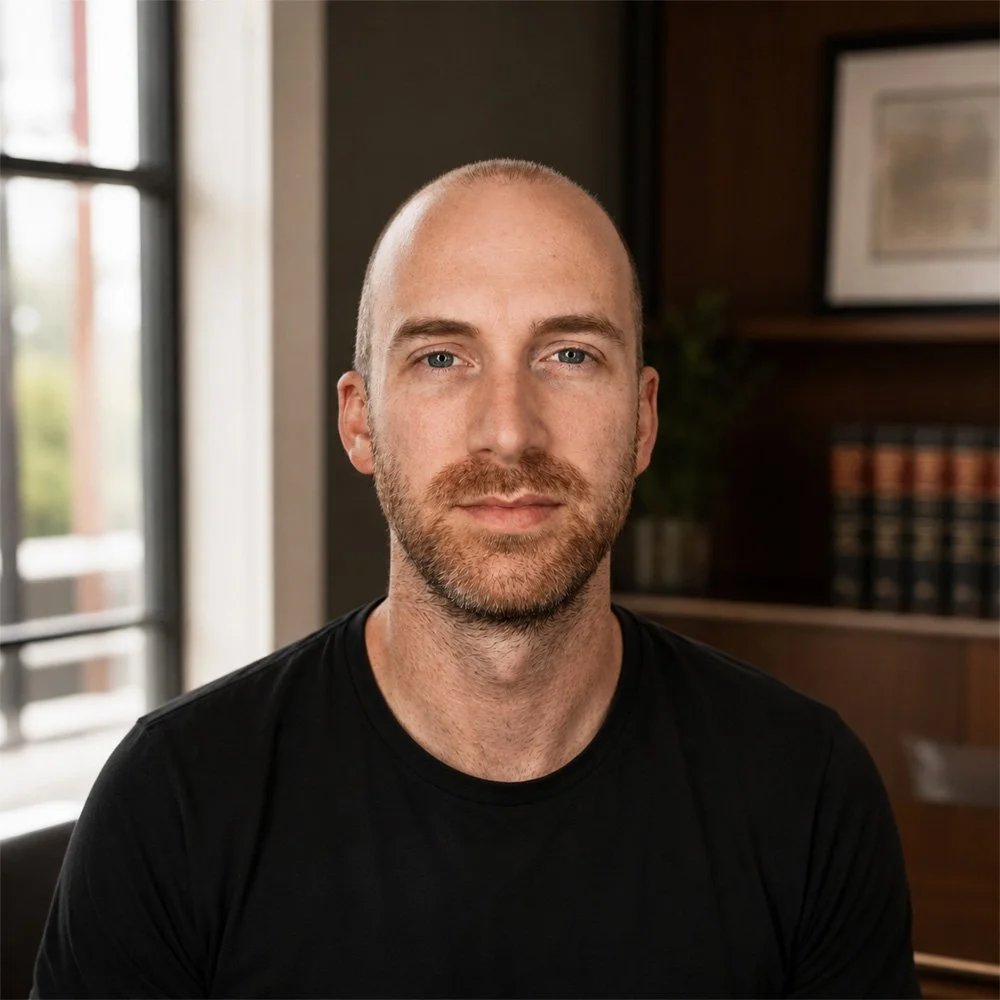 Portrait of a man with a beard and short hair, wearing a black t-shirt, smiling slightly against a plain light-colored wall.