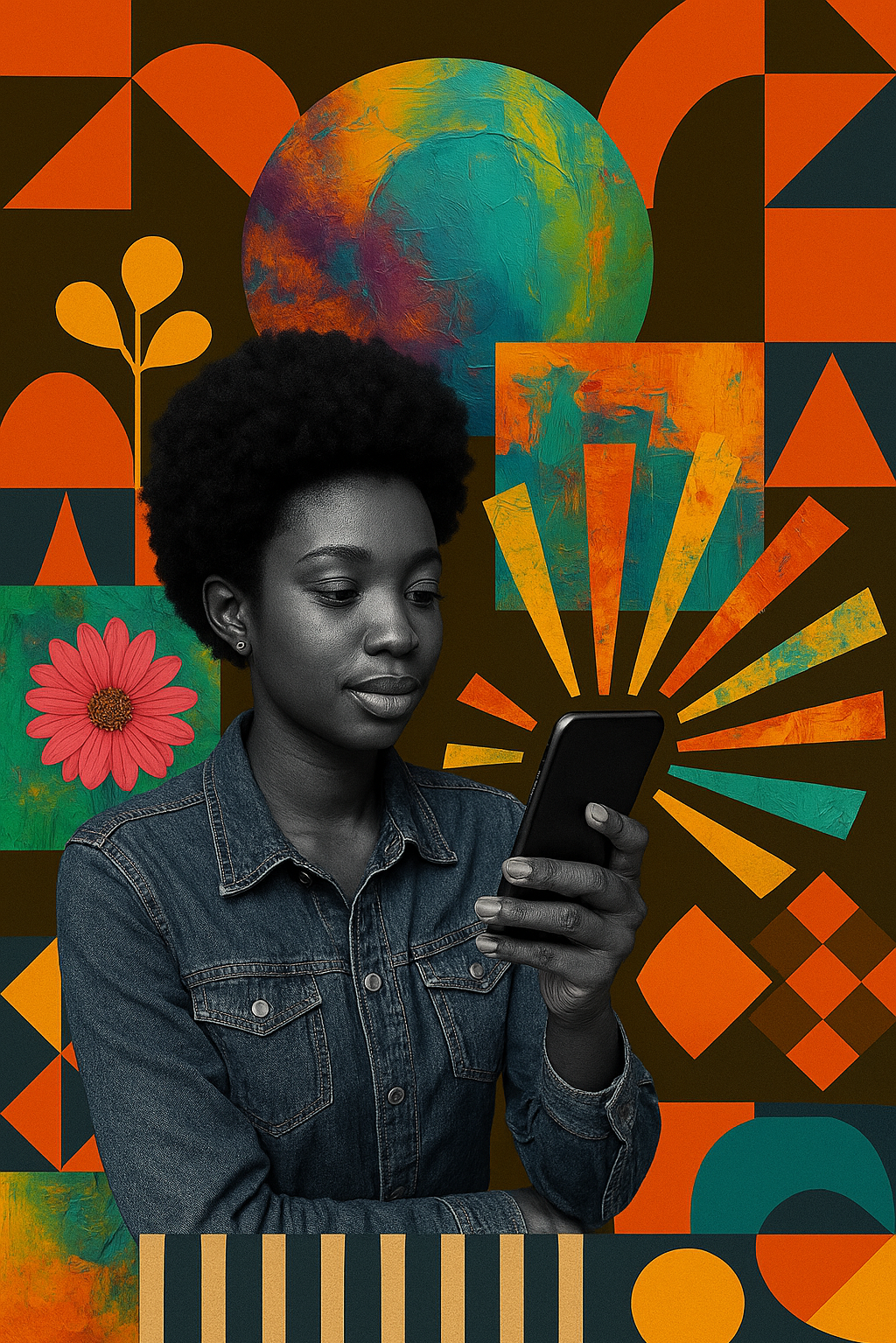 A young woman with dark skin and natural afro hair wearing a denim jacket, looking at her smartphone, against a vibrant colorful abstract background with geometric shapes, a globe, and a flower.