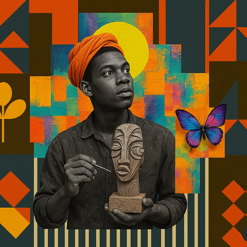 A woman with dark skin, wearing an orange headwrap, working on a wooden sculpture of a face, with a colorful abstract background and a purple and blue butterfly floating nearby.