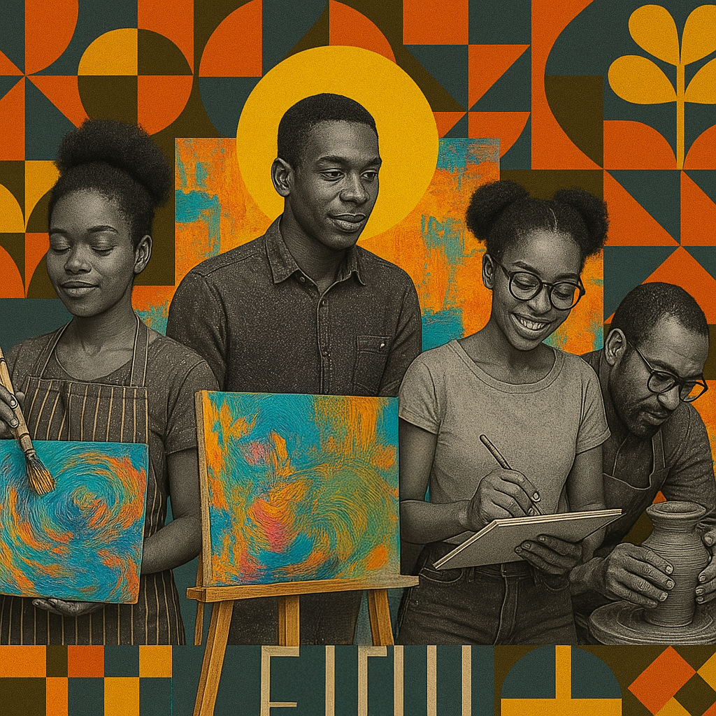 A diverse group of four African American people at an art studio, two women and two men, with two women painting on small canvases, one man observing, and the other man working with clay. The background features colorful geometric and abstract art.