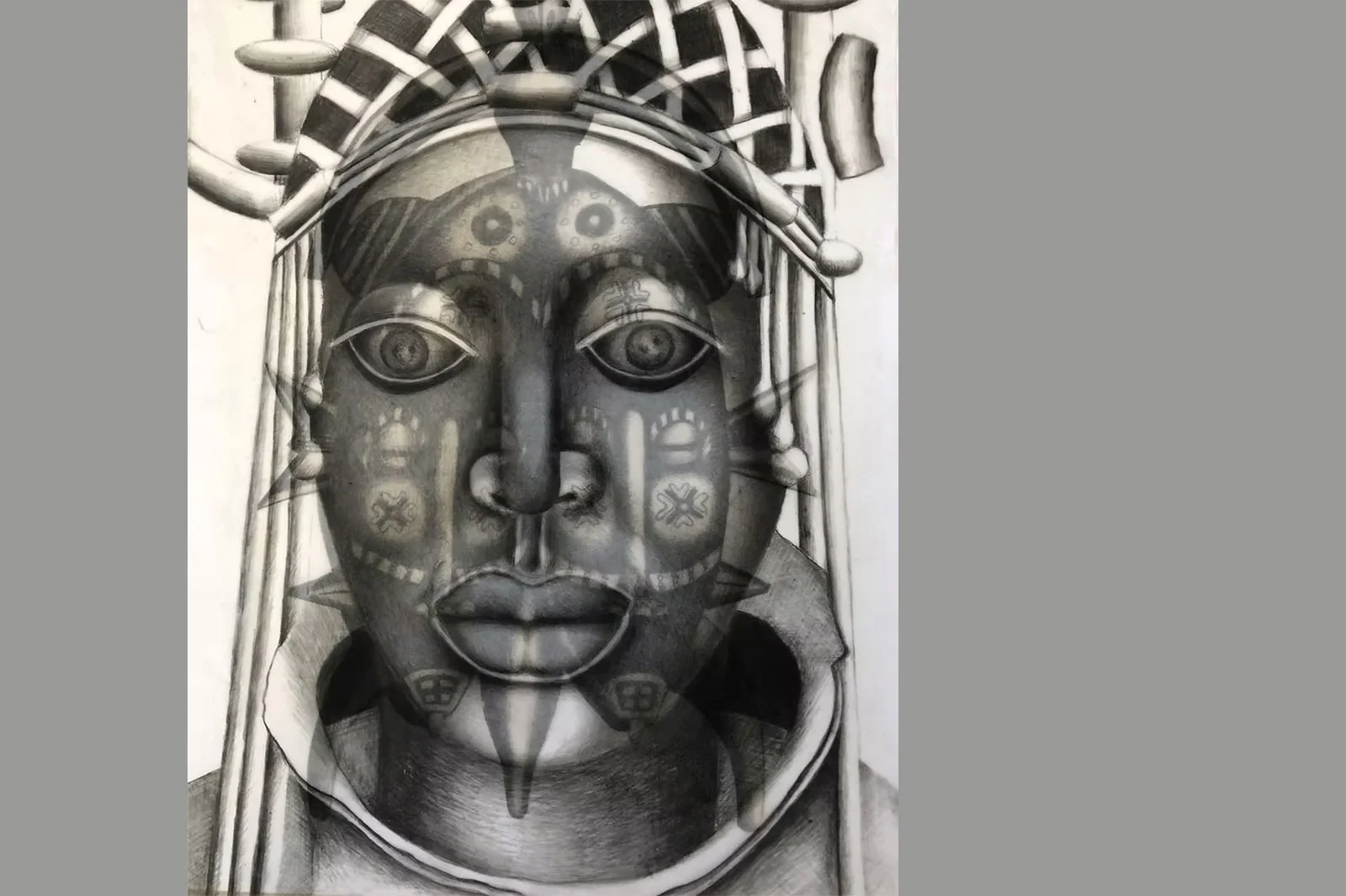 Black and white drawing of a face with tribal or cultural markings, large eyes, a nose, full lips, and an elaborate headdress or headgear with various shapes and patterns.