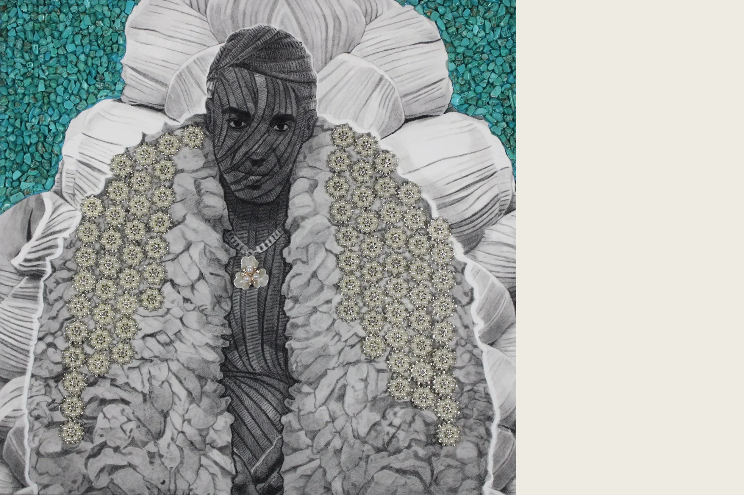 A black and white artistic sketch of a woman wearing a floral necklace, with a background of turquoise stones and large shells.