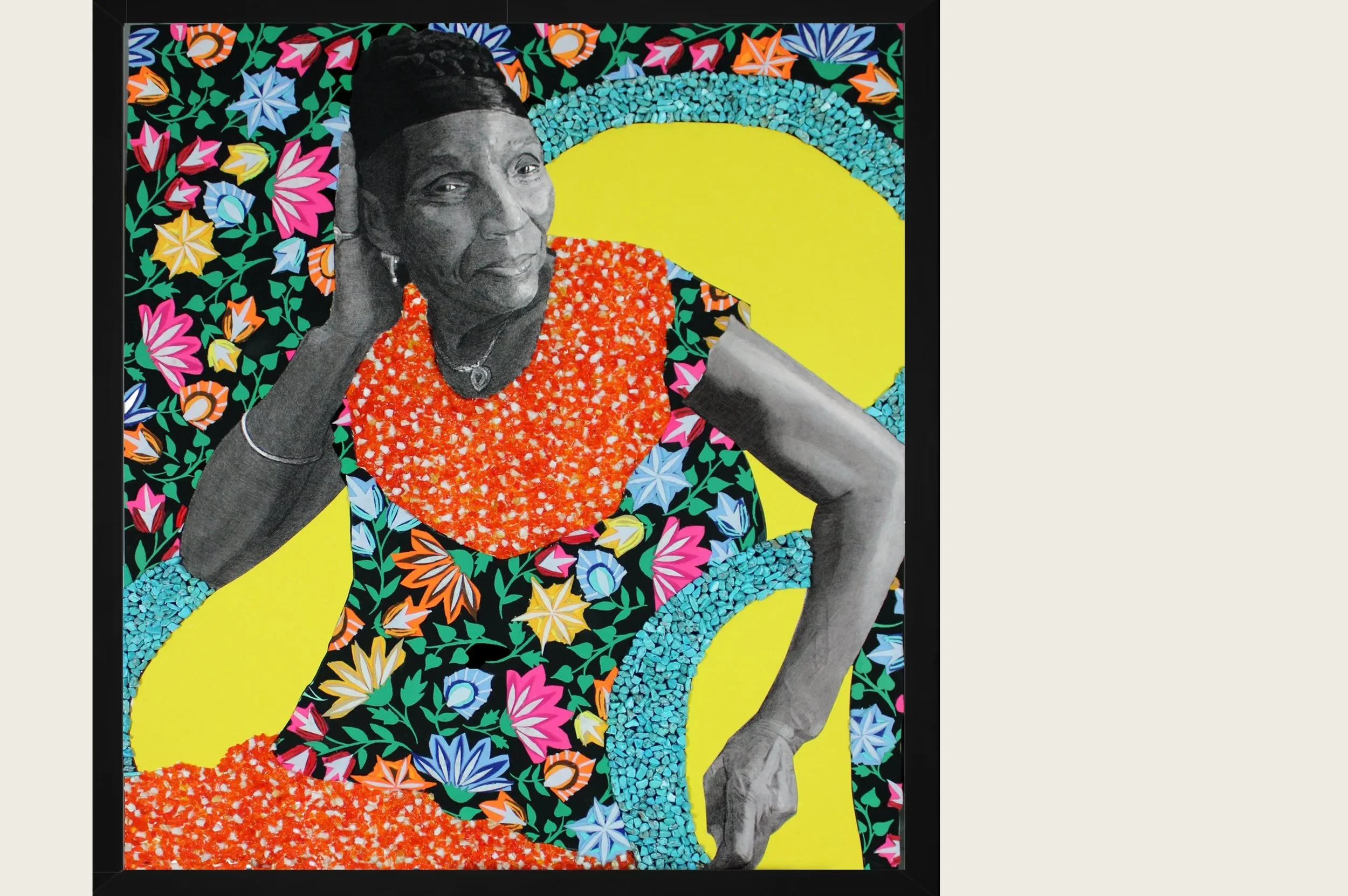 A mixed media portrait of an older woman with dark skin, depicted in black and white, wearing a patterned dress with floral motifs in vibrant colors, and a bright headscarf. She is posed with one hand on her hip and the other resting on her neck, against a colorful abstract background featuring large yellow shape, blue and orange patterns, and a black border.