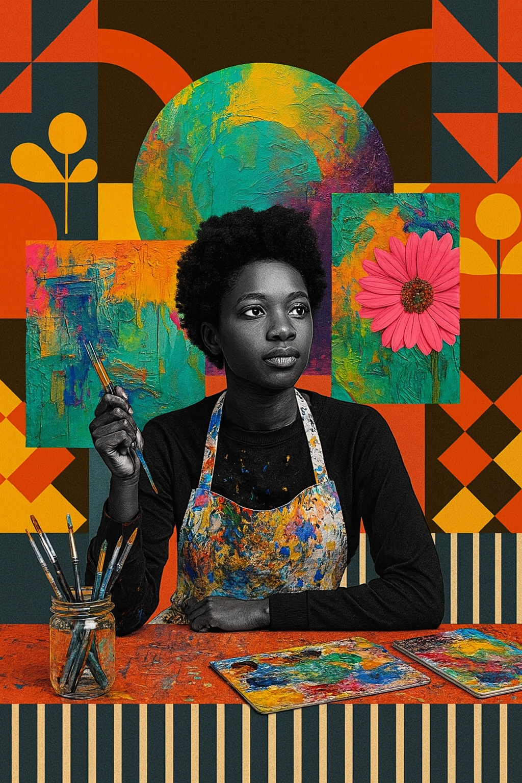A black and white photo of a woman with a short natural hairstyle sitting at a table, holding a paintbrush, surrounded by colorful abstract art and a large pink flower in the background. The table and background feature vibrant, bold patterns and paintings.