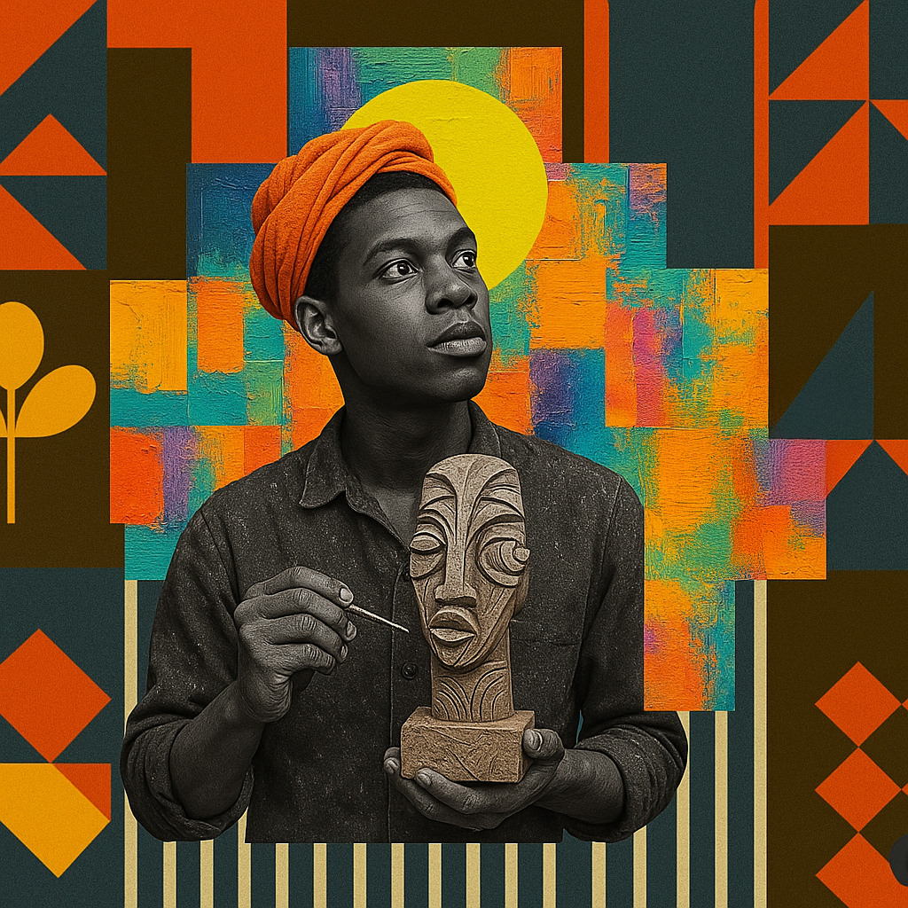 A woman with a orange headwrap holding a wooden carved bust sculpture in front of a colorful abstract art background.