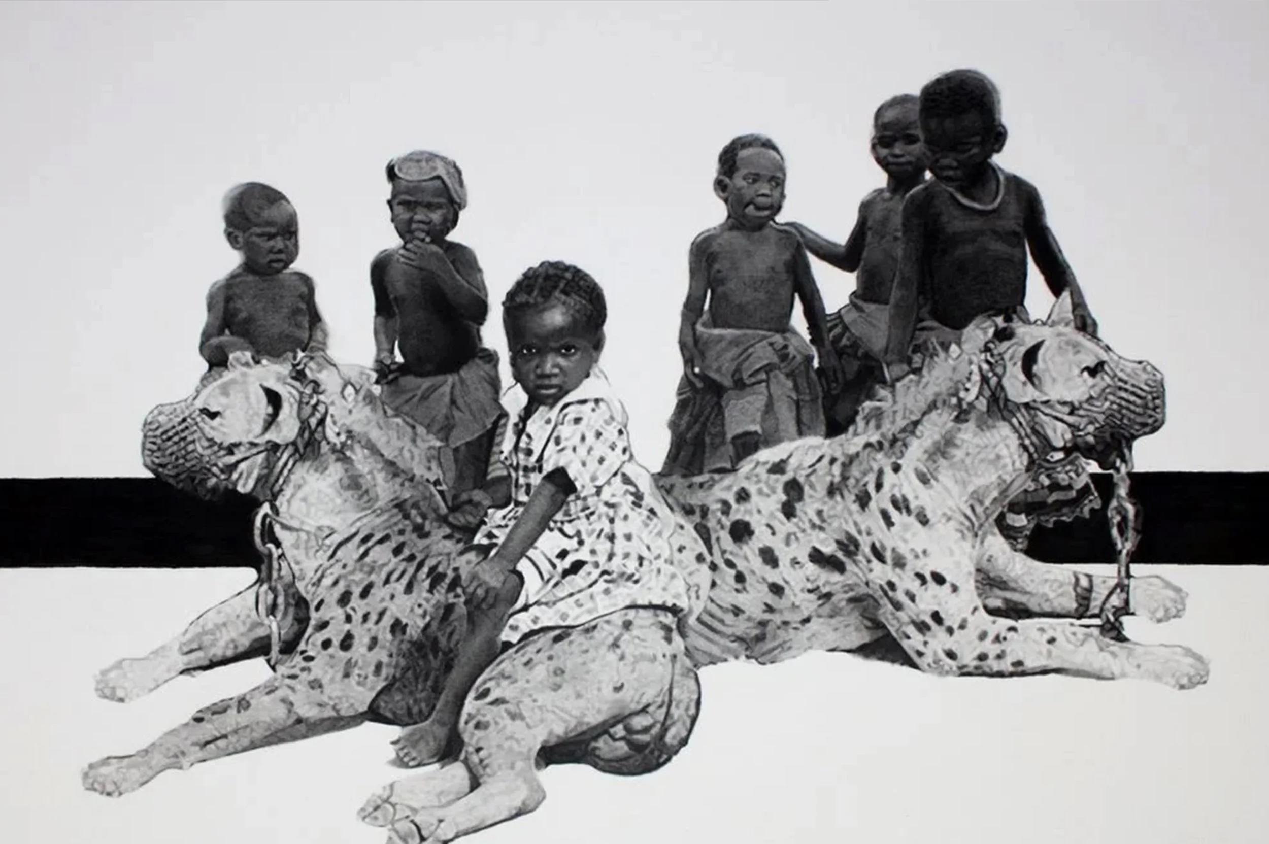 A black and white photo of six children posing with two large tiger sculptures. The children are standing or sitting on the tiger sculptures, which are lying down with chains around their necks.