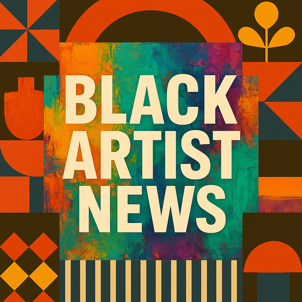 Colorful poster with the words 'Black Artist News' in large white letters, surrounded by geometric patterns and shapes in orange, black, and teal.
