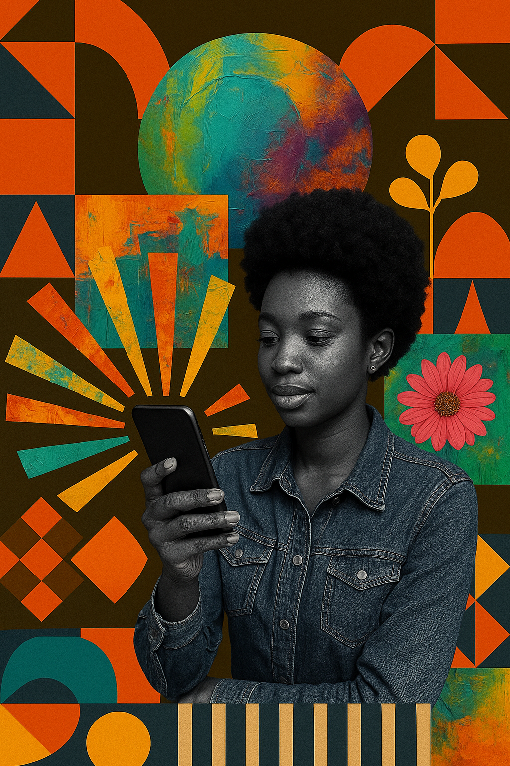 A black woman with a short natural afro hairstyle, wearing a denim jacket, looking at her smartphone against a colorful geometric and abstract background with art pieces including a globe, a flower, and various shapes.