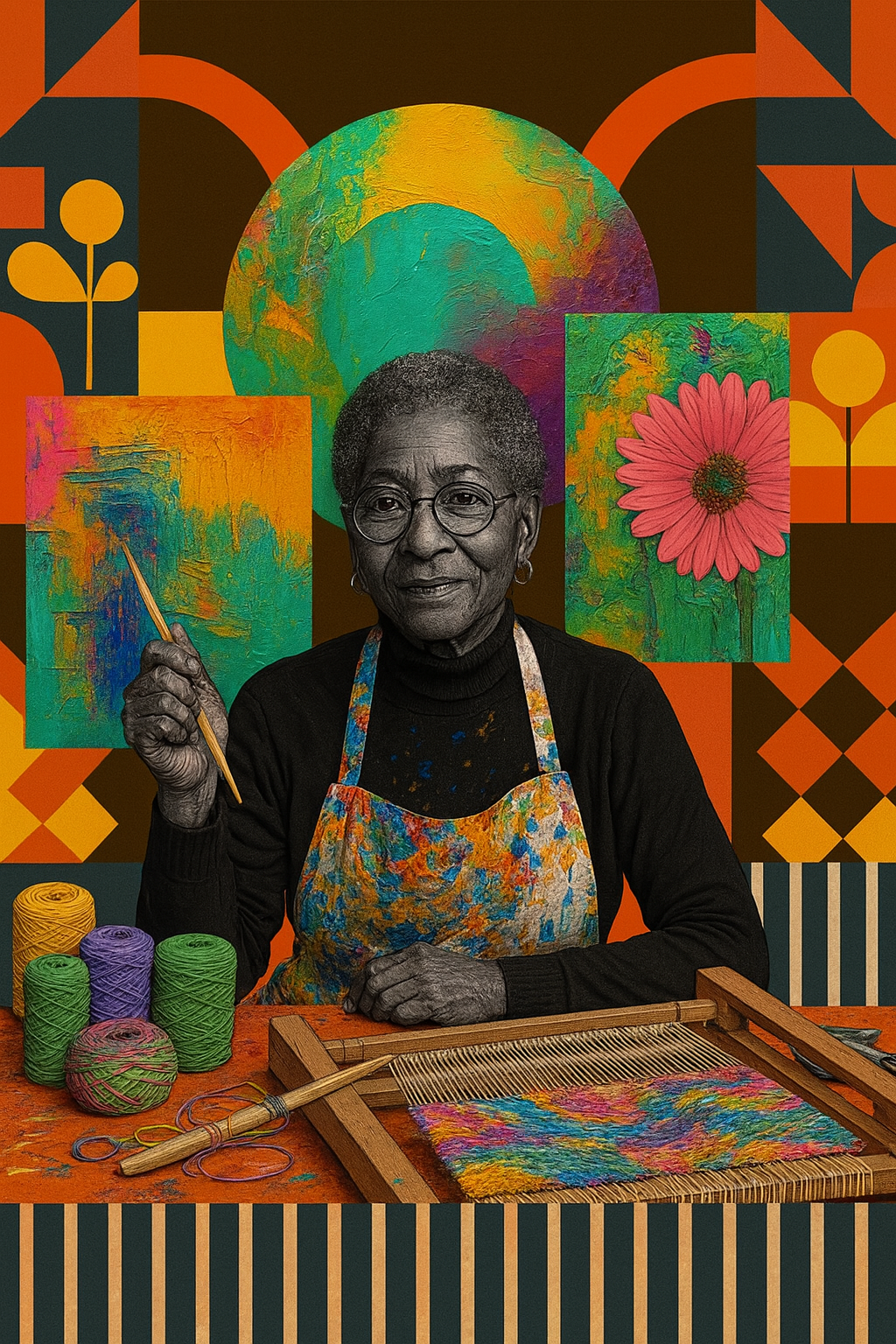 Black and white portrait of an elderly woman with glasses, wearing a colorful painter's apron, holding a paintbrush, surrounded by colorful paintings and yarn.