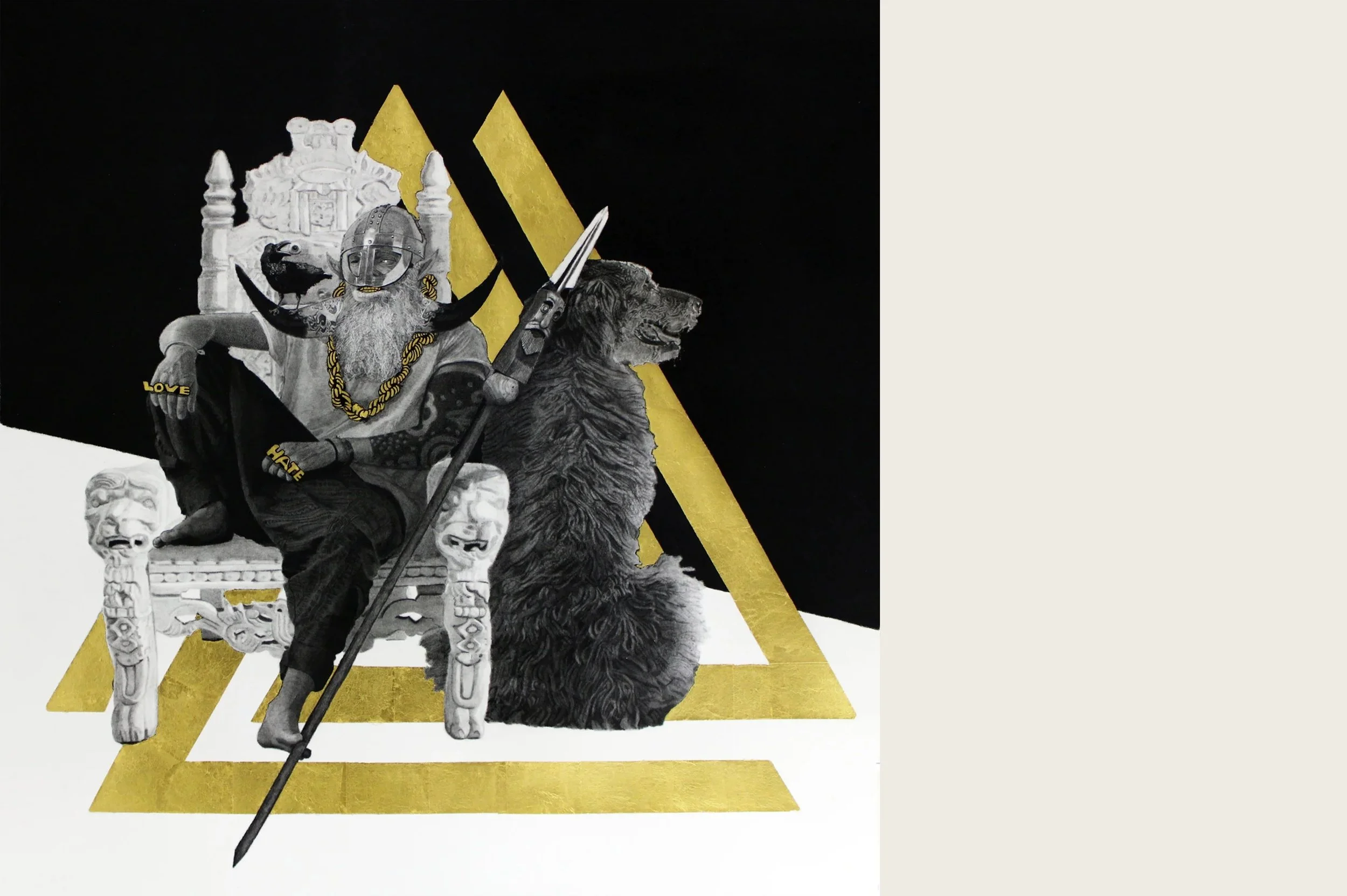 A collage-style artwork featuring a seated figure with a robotic mask, horns, and a beard, holding a spear, with a golden chain necklace. The figure has words 'LOVE' and 'HATE' on its arm and leg. The figure is sitting on an elaborately carved throne with skull motifs. A large wolf and a black bird are beside the figure. The background includes black, white, and gold geometric triangular shapes.