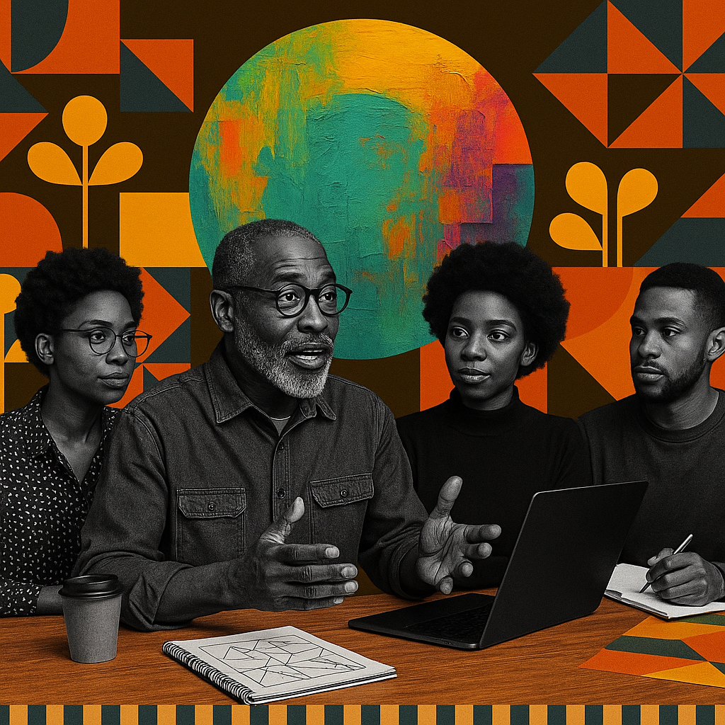 A diverse group of four people, including an older man with glasses, a young woman with glasses, a young woman with natural hair, and a young man with a notepad, gathered around a laptop in a room with a colorful geometric mural and circular artwork on the wall.
