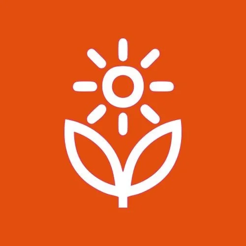 White outline of a flower with a sun in the center on an orange background.