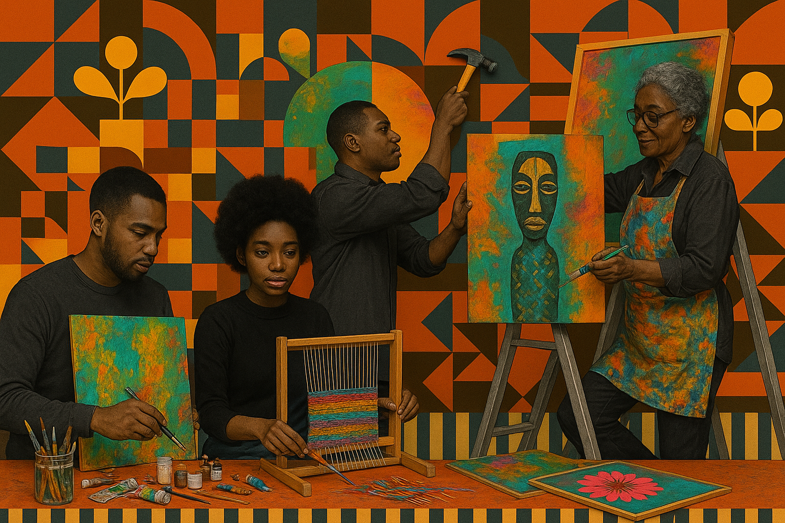 A group of four people in an art studio creating colorful African-inspired artwork. They are surrounded by vibrant geometric and floral patterns in orange, green, and black on the wall.