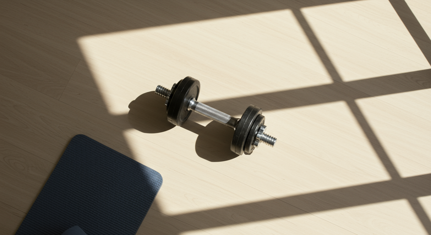 A dumbbell on a wooden floor with sunlight and shadow from a nearby window, and a blue yoga mat partially visible.