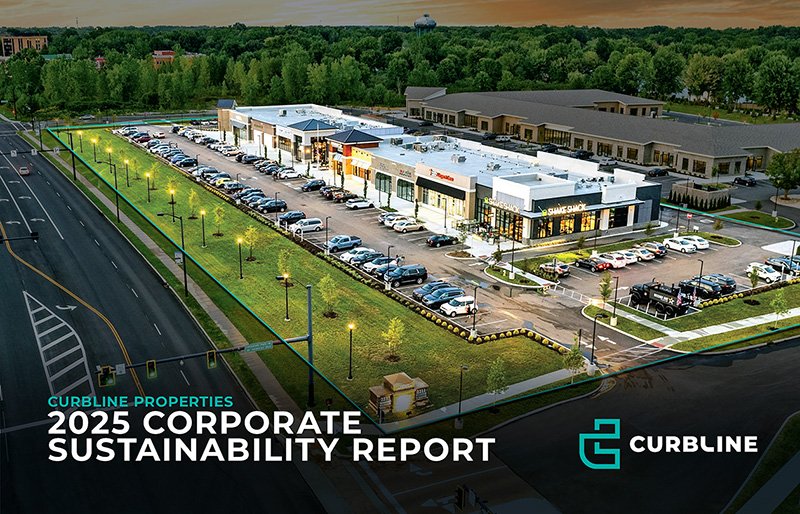 A shopping plaza with a parking lot, stores, and surrounding greenery, seen from an elevated perspective at dusk, included in a report cover titled '2025 Corporate Sustainability Report' by Curblin Properties.