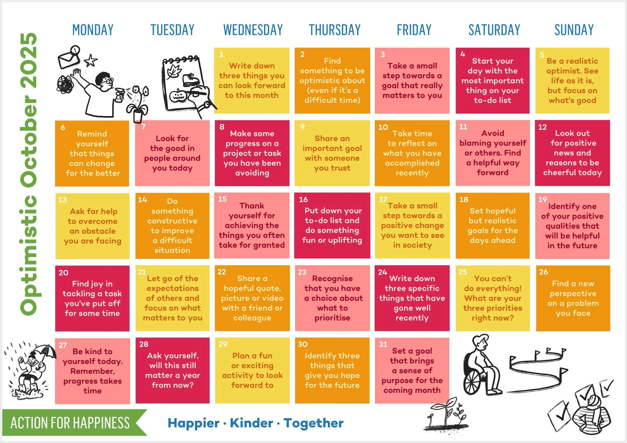 🍂💜 Hello October! 💜🍂

This month&rsquo;s Action for Happiness calendar is all about Optimistic October &ndash; small daily steps to help us stay positive and connected even when life feels challenging. 🌟
These simple actions can make a big diffe