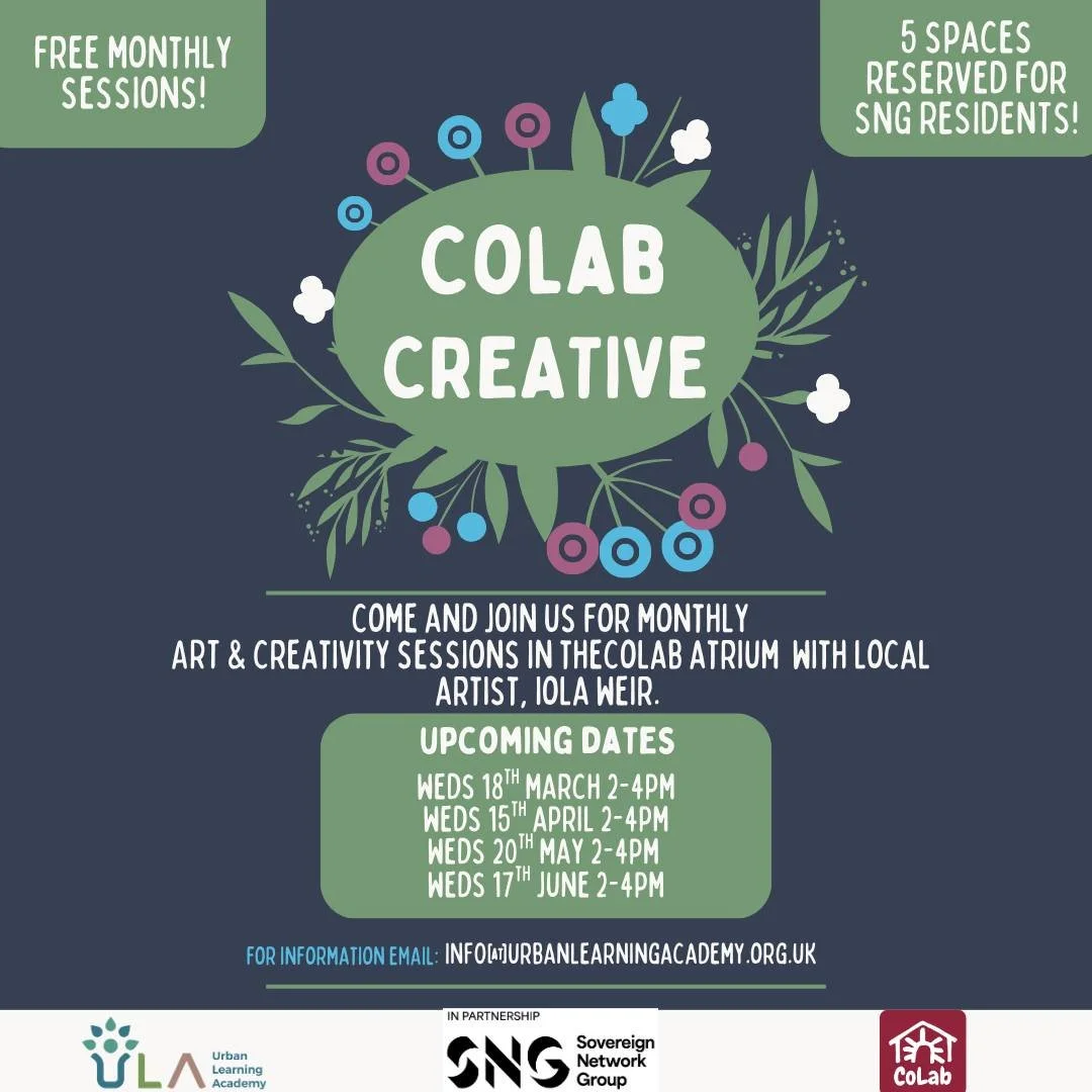 🎨CoLab Creative 🎨

We have some spaces available for our @urbanlearningacademy  and @sovereignnetworkgroup  CoLab Creative session this Wednesday! 

Come and join us to explore your creativity 🌟

Book your free space here https://www.eventbrite.co