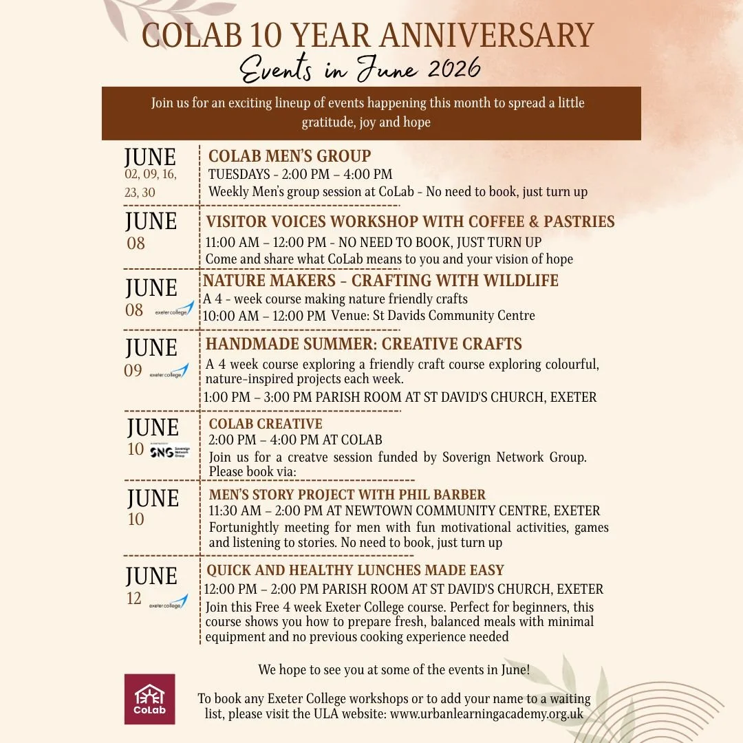 ✨Events in June✨

As part of our 10 year Celebrations we have lots of amazing opportunities for our clients, visitors and learners to come and get involved in the fun! 

With Special Thanks to @exetercollege  for offering 5 amazing opportunities to m