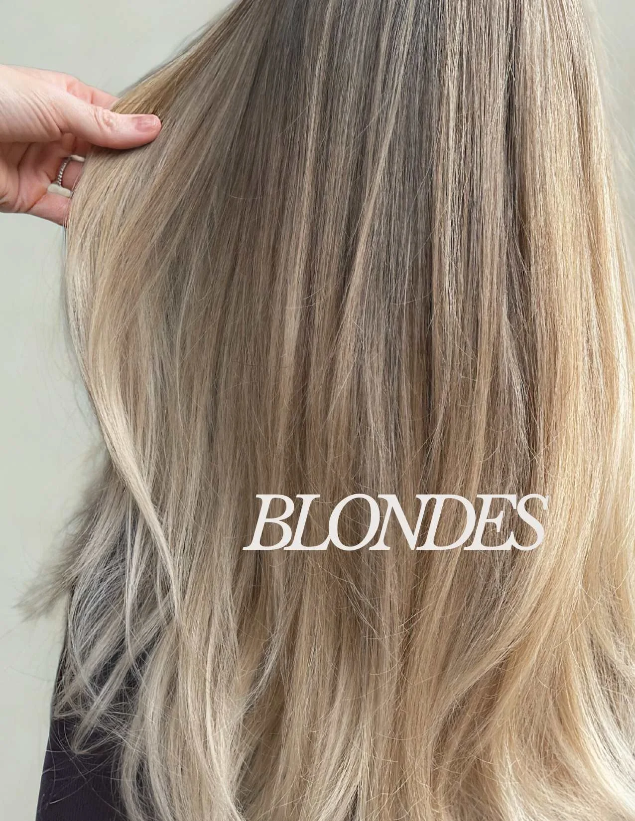Close-up of blonde hair labeled 'Blondes' with a hand holding a section of hair.