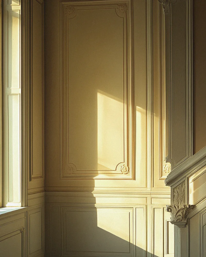 Sunlight casting shadows on a beige, ornately decorated interior wall with detailed moldings and a staircase.