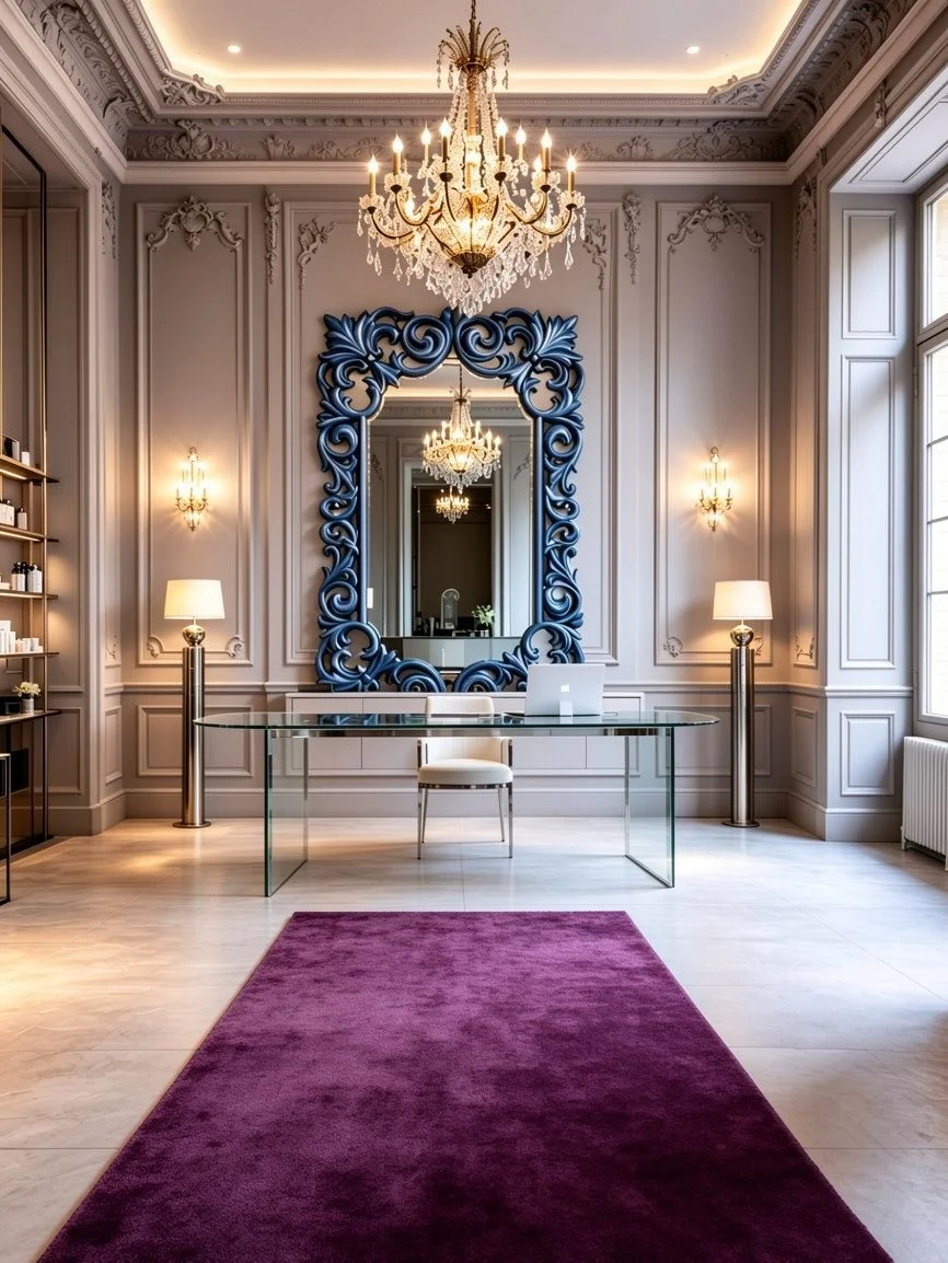 Elegant hotel lobby with ornate wall molding, large chandelier hanging from ceiling, blue decorative mirror behind glass desk, white chair, purple rug, and tall windows enabling natural light.
