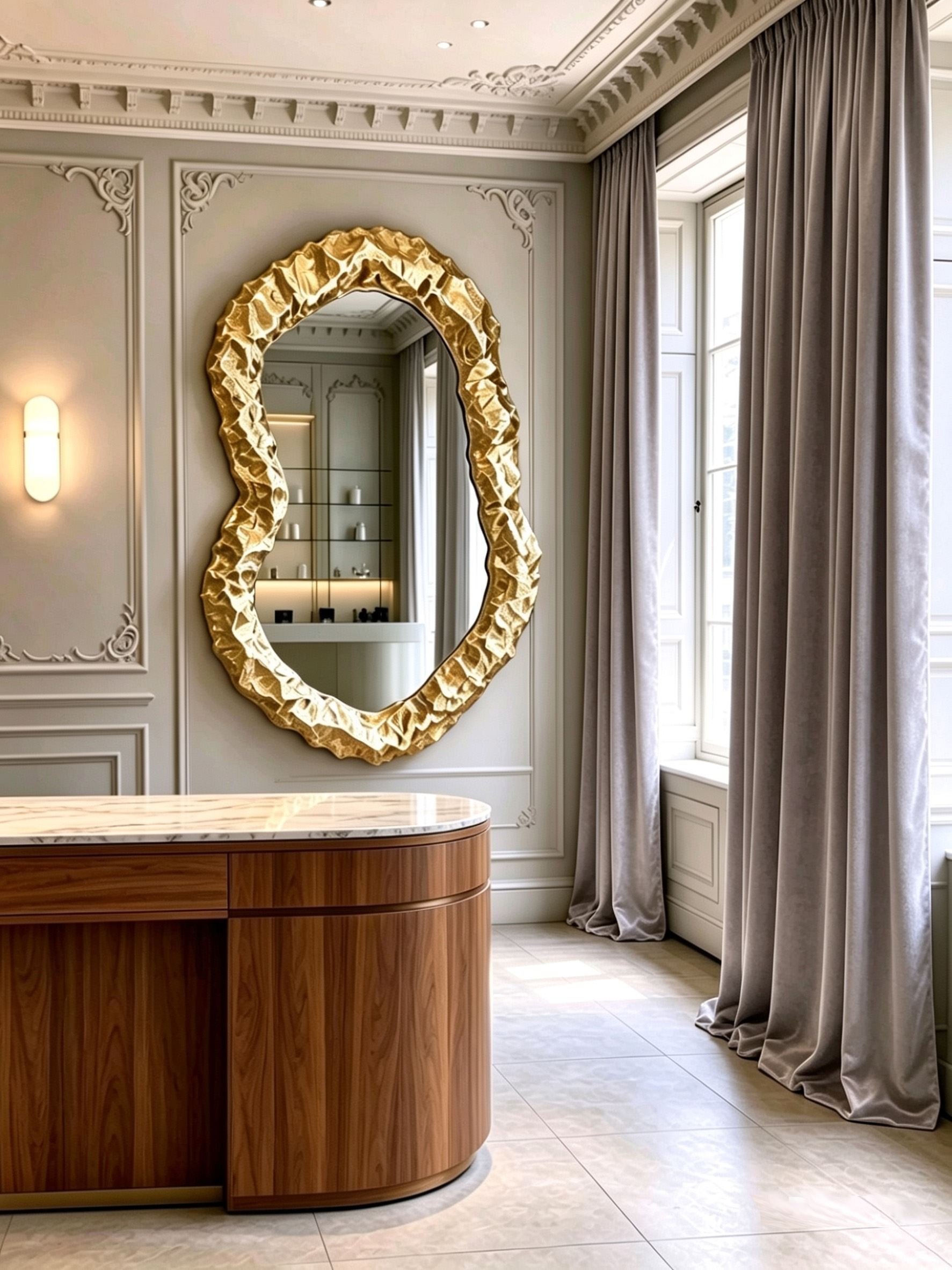 Elegant room with a large oval gold mirror, a marble-topped wooden table, beige curtains, and detailed crown molding.