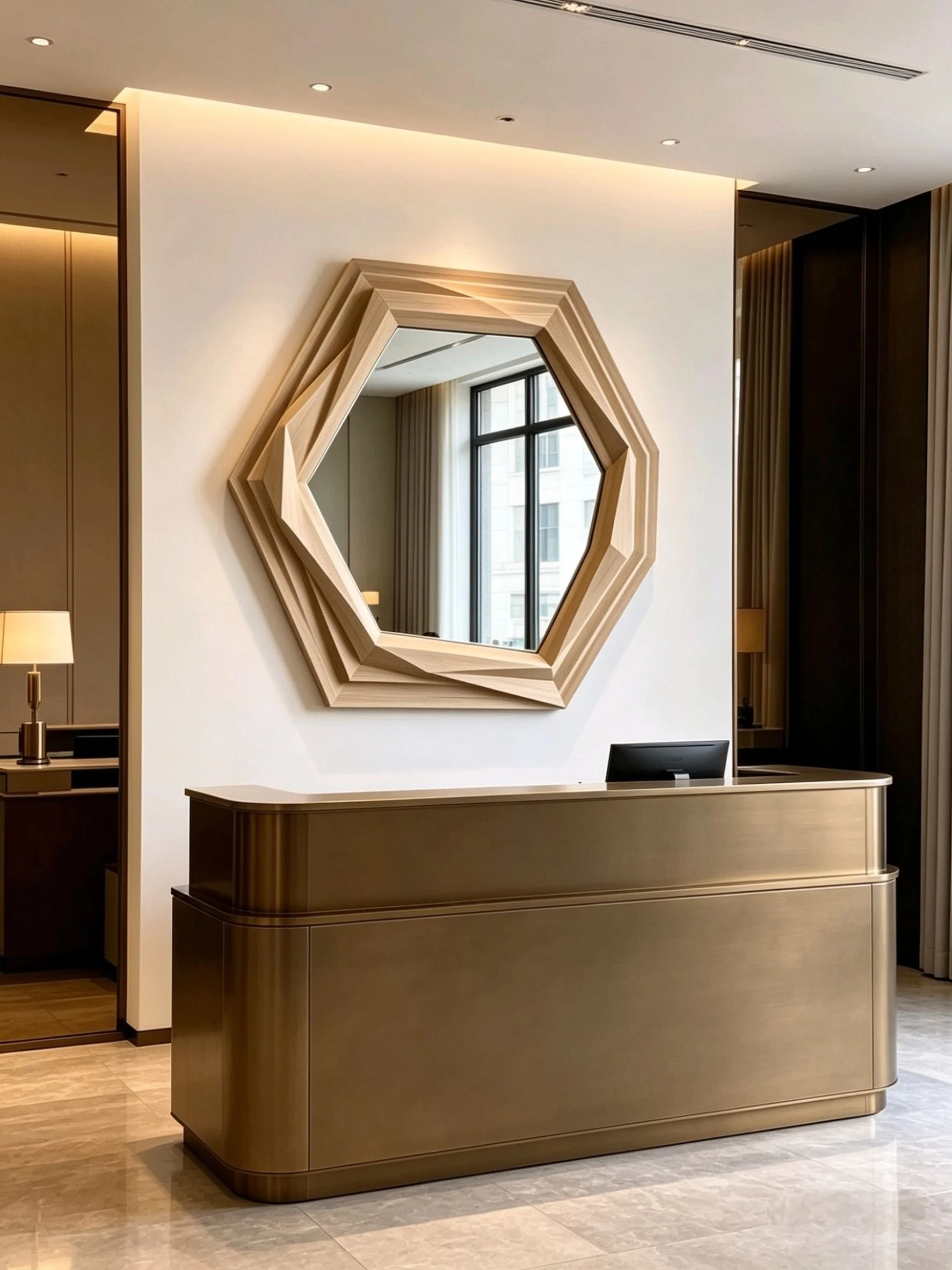 Hotel reception desk with a hexagonal wooden mirror on the wall behind it.