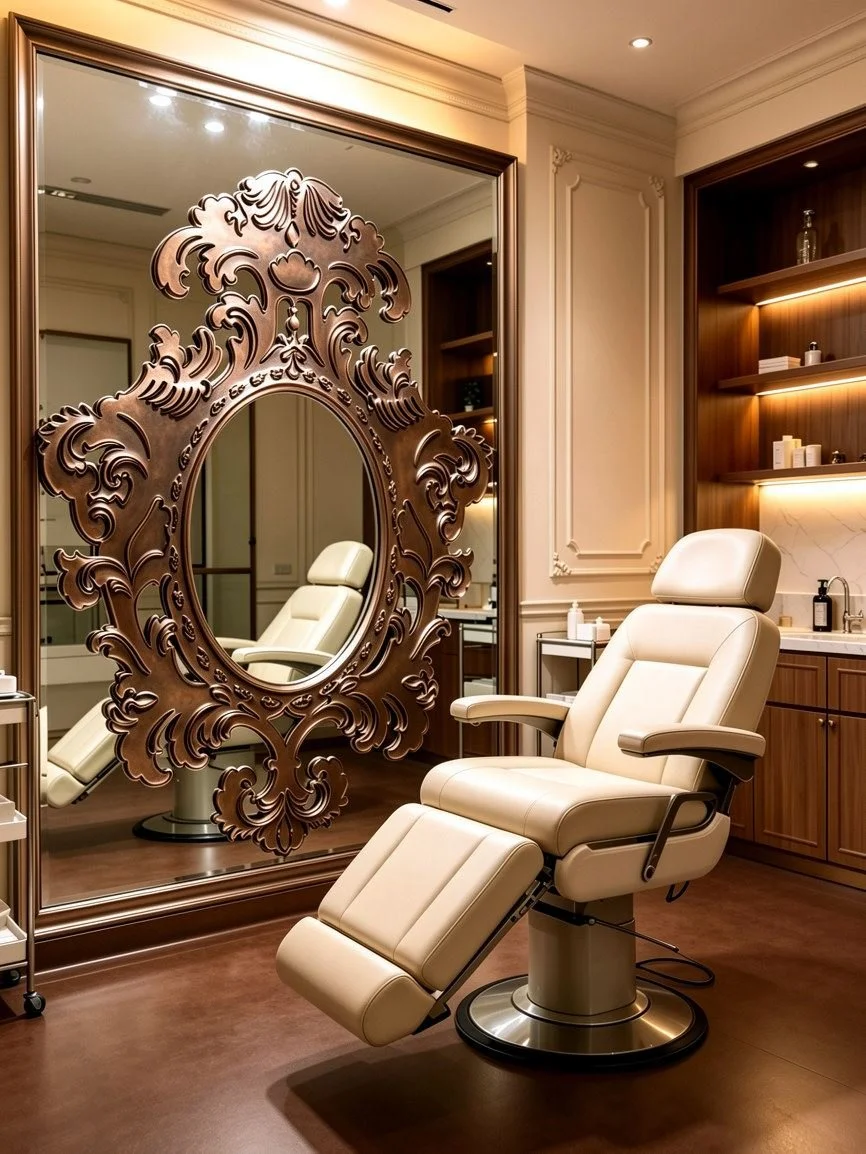 Luxury treatment room with a cream-colored medical chair, a decorative mirror with intricate wooden frame, and wooden shelving with bottles and toiletries.