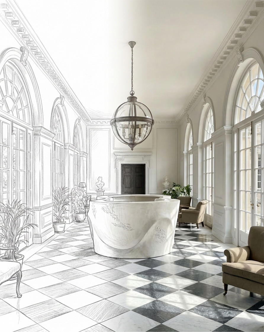 Elegant, bright room with large arched windows, black and white checkered floor, chandelier, potted plants, and vintage chairs; interior partially sketched with some furniture and decor outlined.