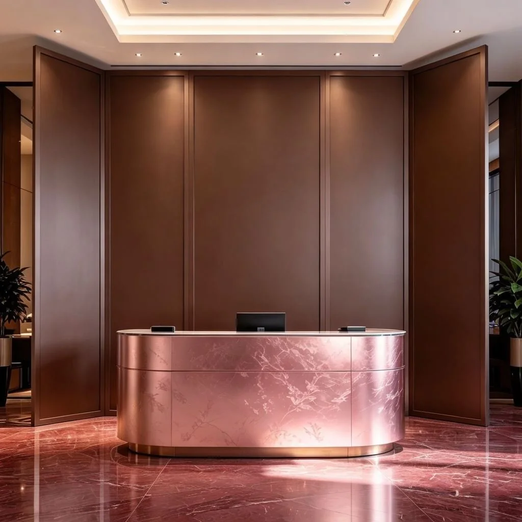Elegant hotel reception desk with pink marble surface and brown wooden panels in the background, illuminated by recessed ceiling lights.